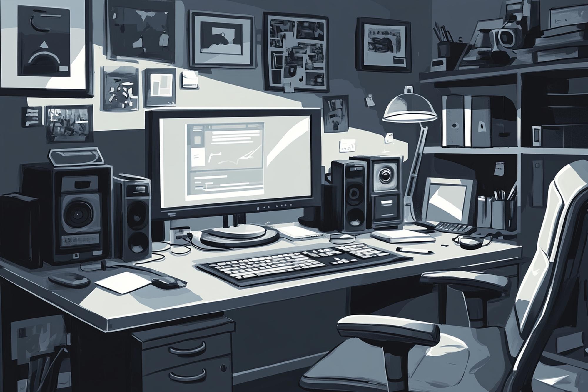 Study workspace with game monitors and sketches